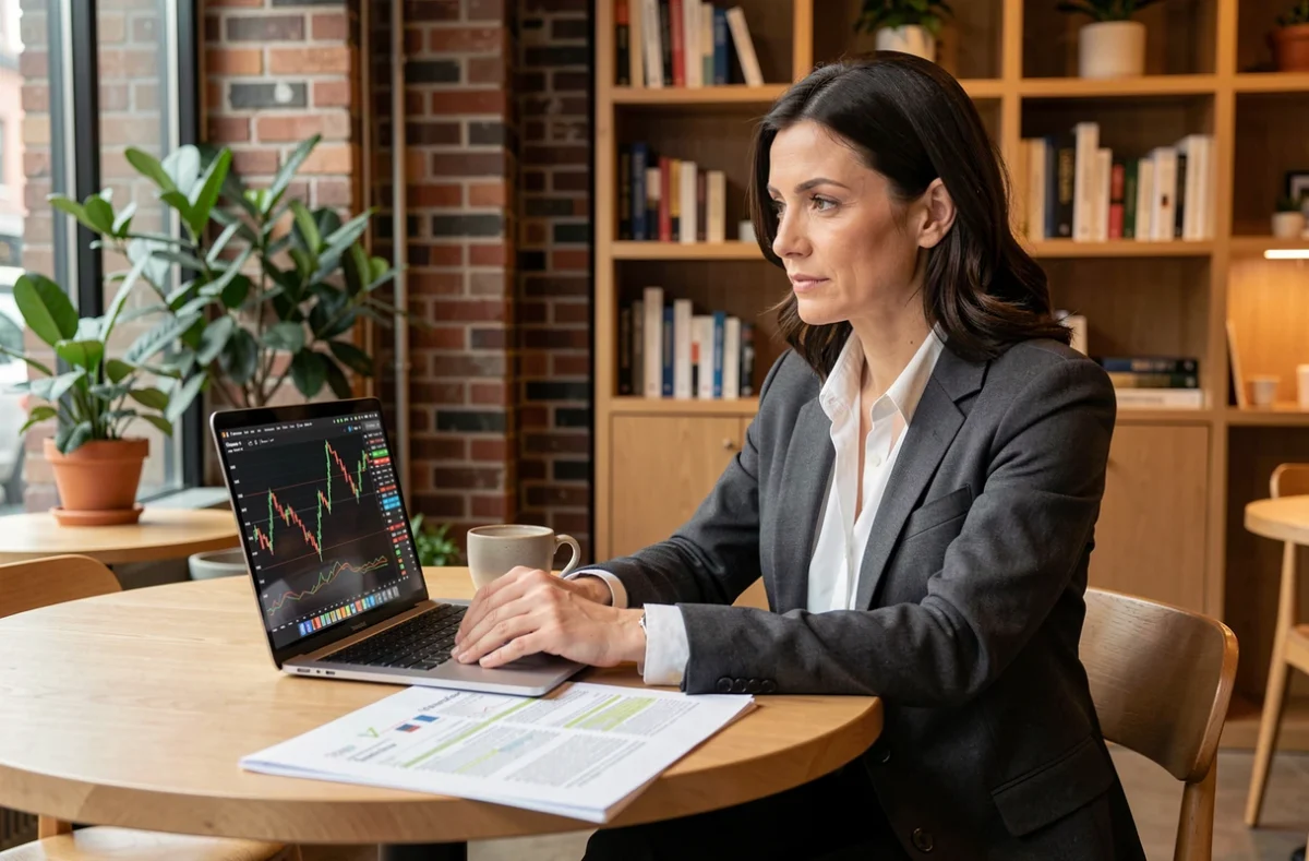 Investisseuse analysant des prévisions boursières et des signaux techniques sur un ordinateur portable dans un café en 2026