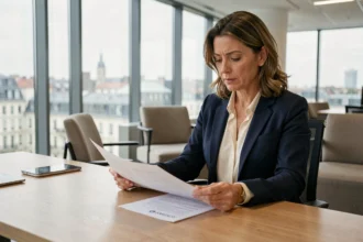 Investisseuse analysant des documents de SCPI dans un bureau moderne avec vue sur une ville européenne