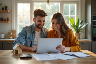 Jeune couple discutant prêt immobilier à la maison