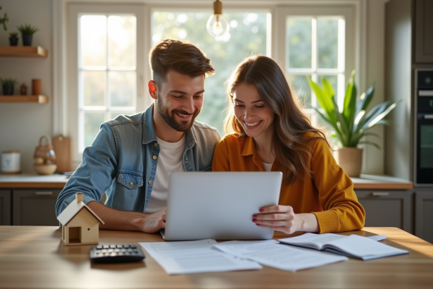 Jeune couple discutant prêt immobilier à la maison