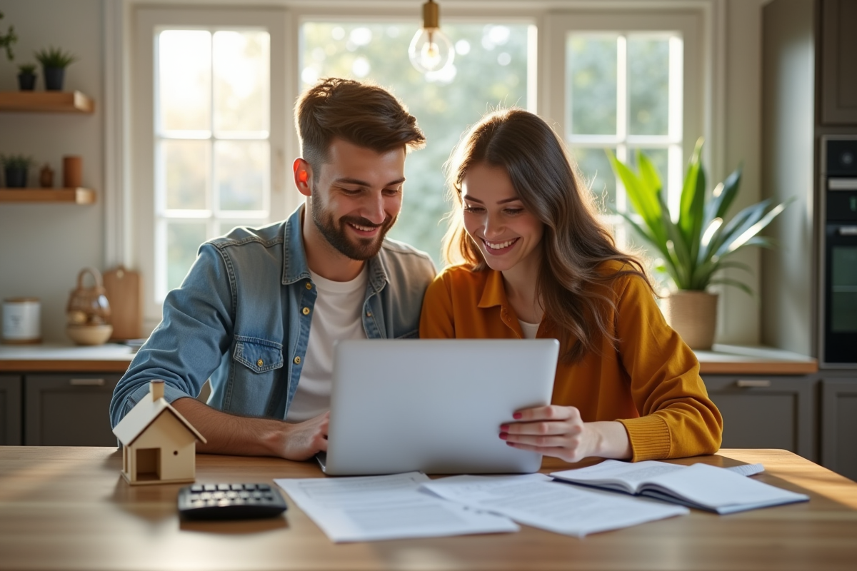 Jeune couple discutant prêt immobilier à la maison