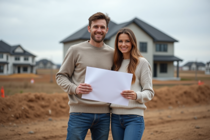 Jeune couple avec plans devant une maison en construction