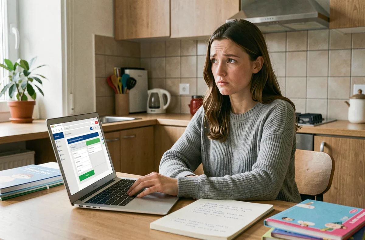 Jeune enseignante consultant les nouvelles dates de paye de l'éducation nationale sur son ordinateur à domicile