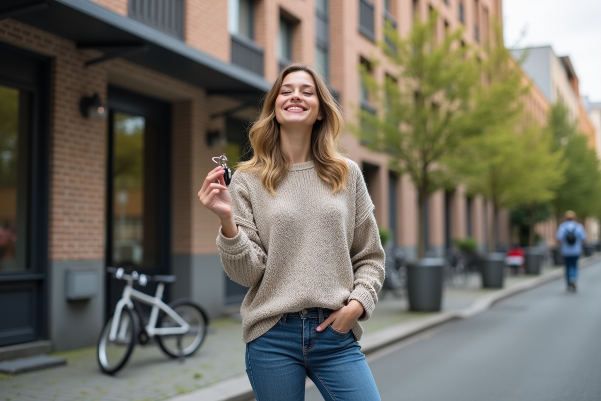 Jeune femme souriante avec ses clés devant un immeuble
