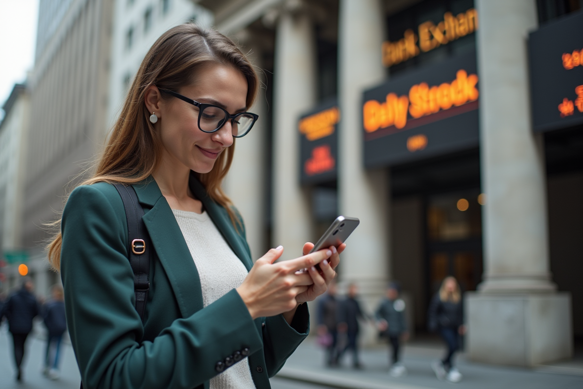Jeune femme regardant son smartphone devant la bourse