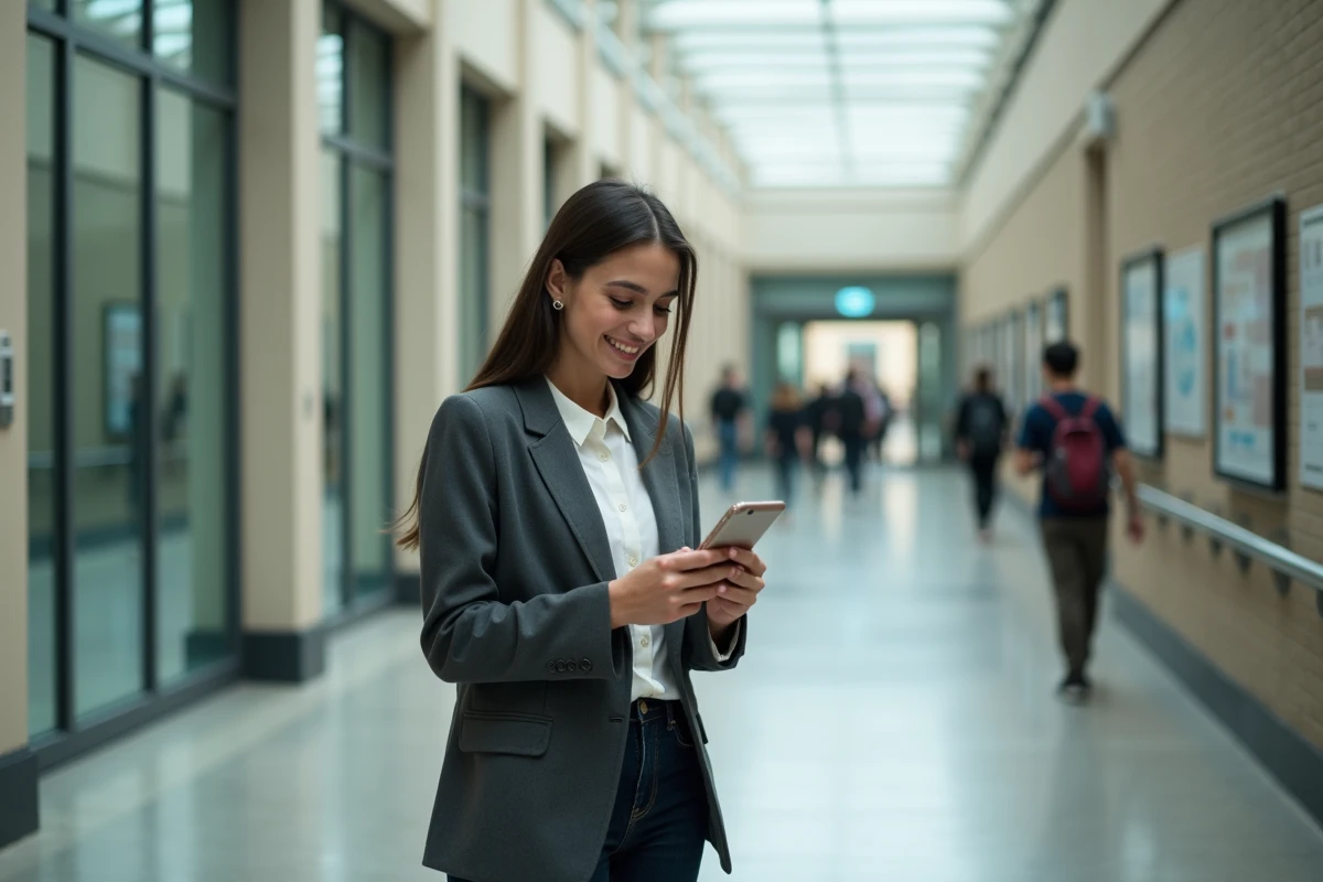 Jeune femme souriante vérifie sa fiche de paie dans un couloir universitaire