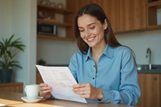 Jeune femme regarde son bulletin de salaire dans une cuisine lumineuse