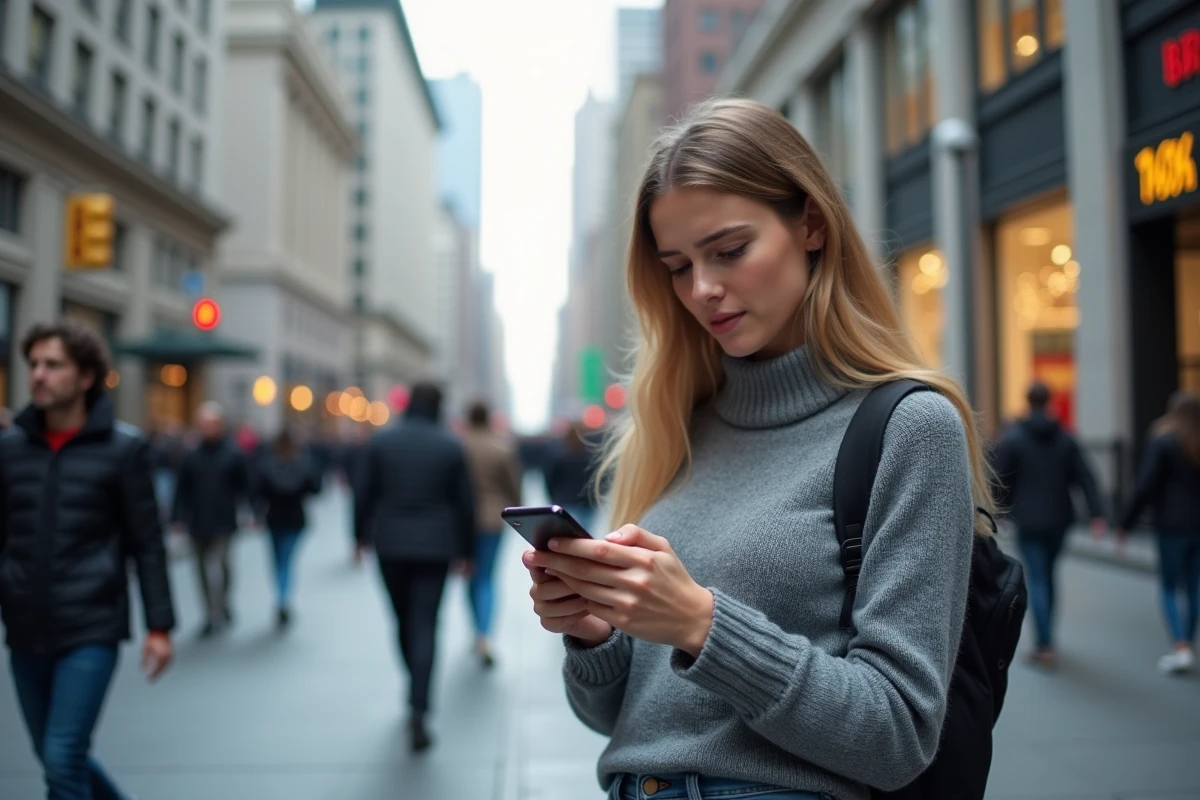 Jeune femme regardant son smartphone dans la rue en milieu urbain