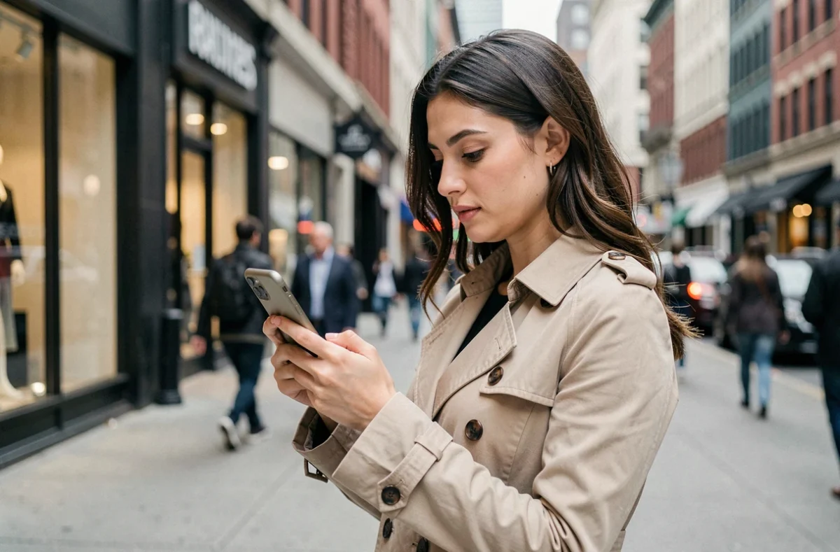 Jeune femme en ville utilisant son smartphone pour joindre le service client Cofica Bail