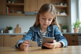Jeune fille avec carte bancaire et smartphone à la maison
