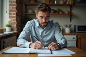Jeune homme d'affaires examine ses papiers dans un appartement