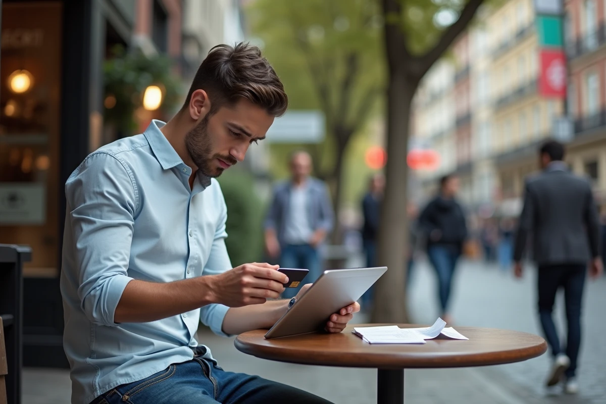 Jeune homme au café urbain examinant sa carte bancaire