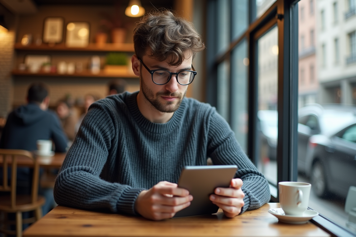 Jeune homme vérifiant ses détails de carte virtuelle au café