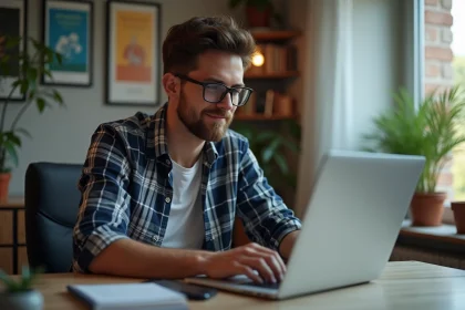 Jeune homme en plaid travaillant sur son ordinateur à la maison