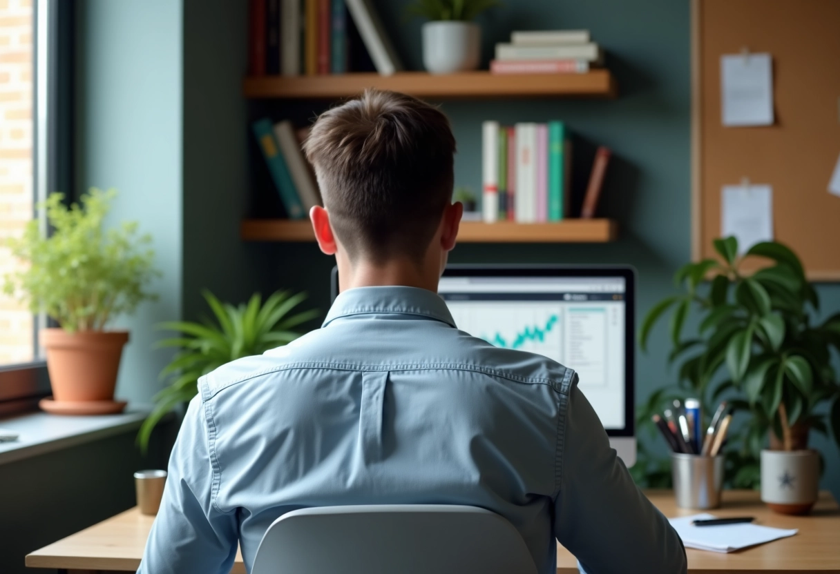 Jeune homme consulte un ordinateur pour ses investissements à la maison