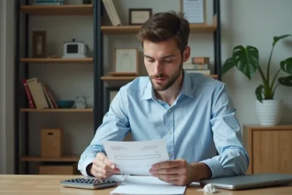 Jeune homme en tenue décontractée examine son salaire dans un appartement
