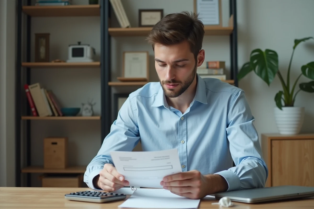 Jeune homme en tenue décontractée examine son salaire dans un appartement