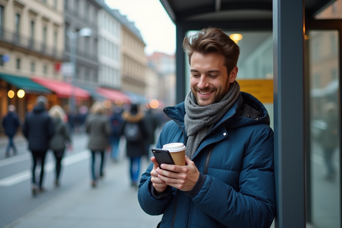 Jeune homme utilisant son smartphone à un arrêt de bus urbain