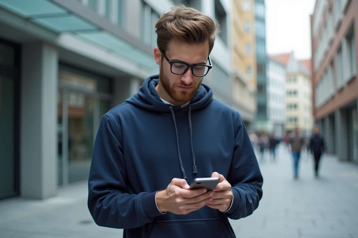 Jeune homme utilisant son smartphone en extérieur urbain