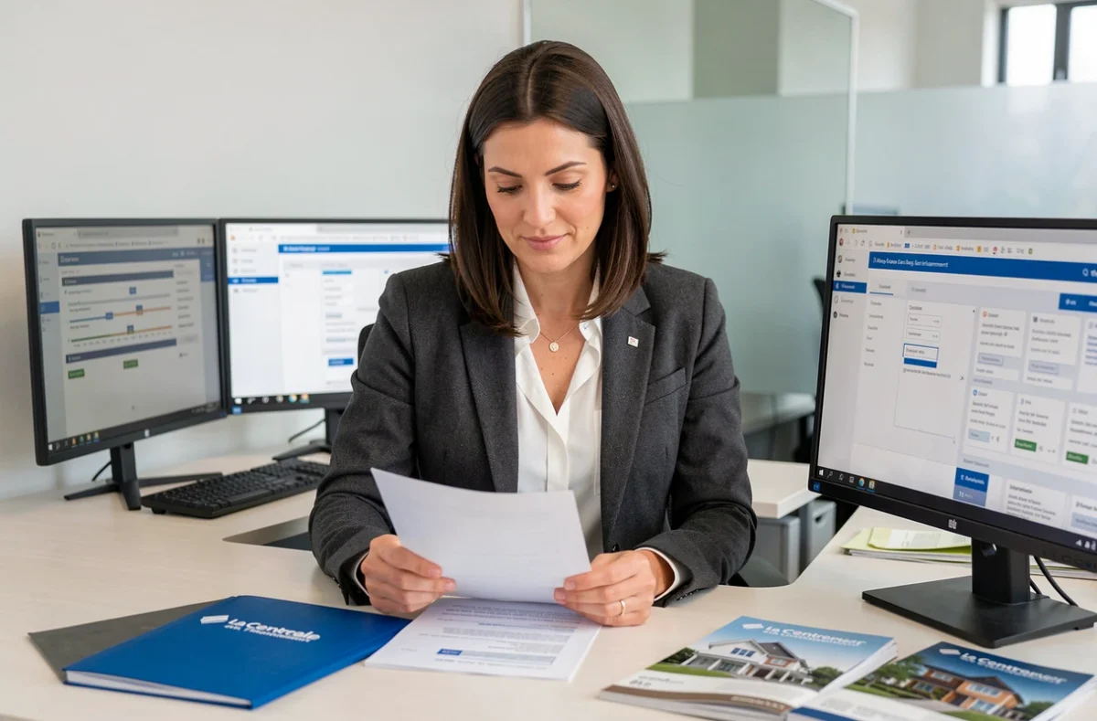 Conseillère de La Centrale de Financement analysant un dossier de prêt immobilier dans un bureau professionnel