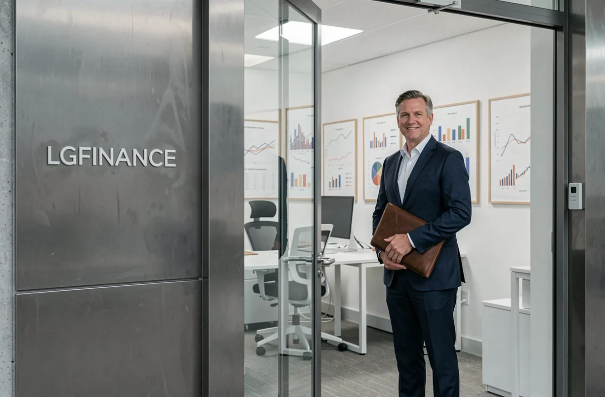 L'entrée du cabinet LGFINANCE avec un conseiller en costume sombre tenant un portfolio devant une façade moderne
