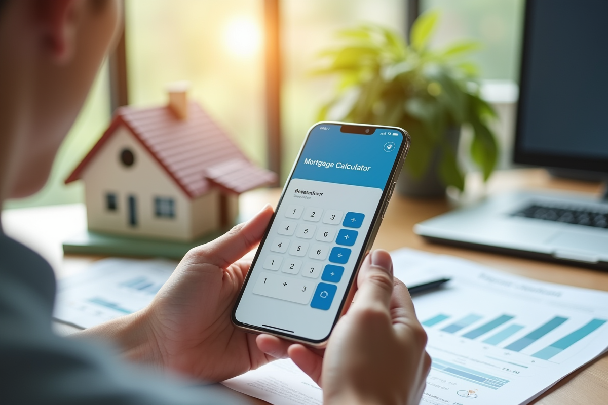 Mains tenant un smartphone avec calculateur immobilier sur un bureau lumineux