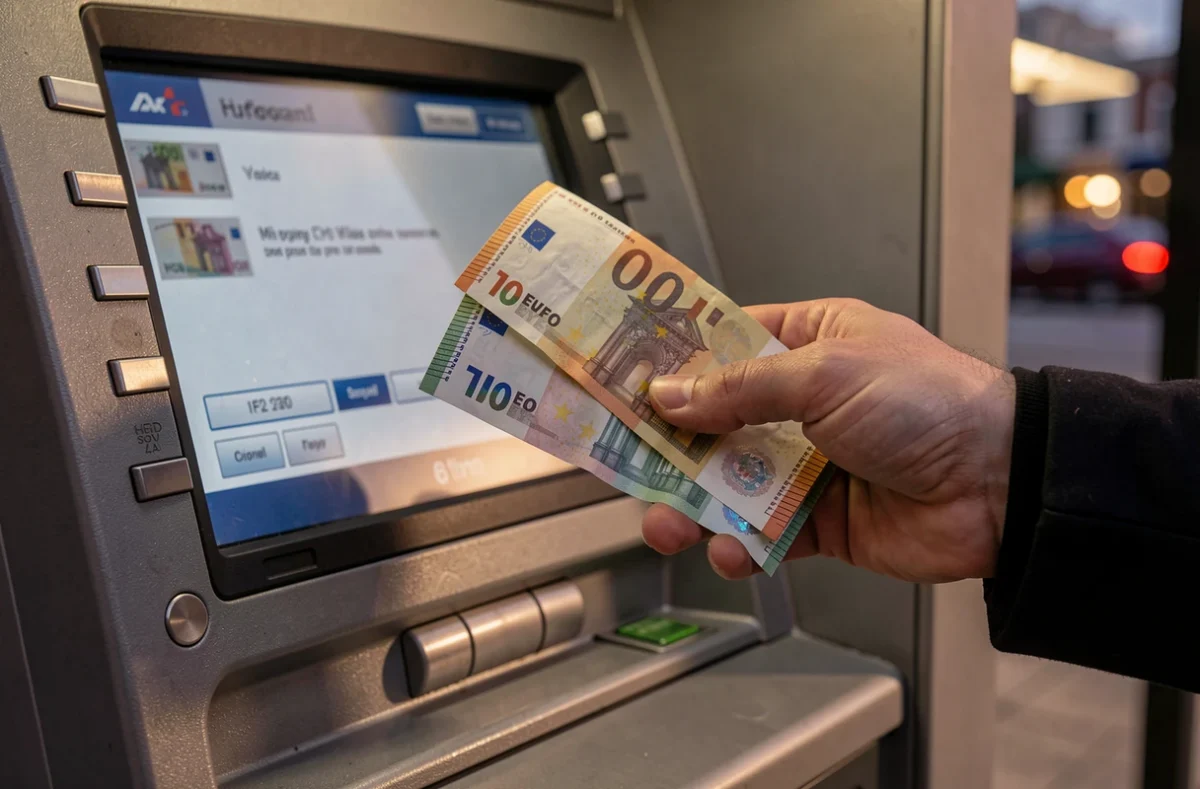 Main tenant des billets de banque devant un distributeur