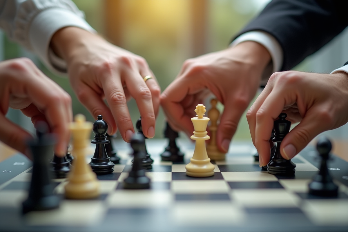 Mains de différentes personnes jouant aux échecs en équipe