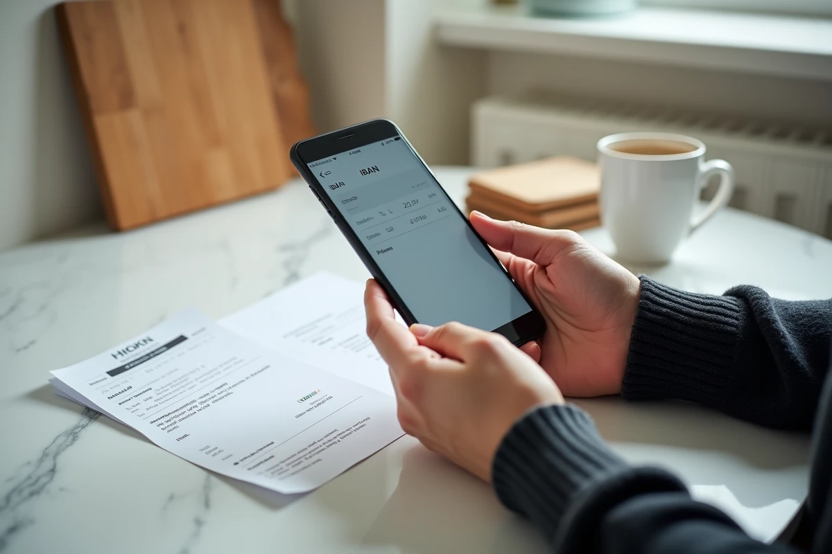 Mains tenant un smartphone avec application bancaire et RIB posé sur une table, virement en ligne