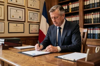 Maire d'une commune française signant des documents officiels dans son bureau de mairie, illustrant la fonction et la rémunération des élus locaux