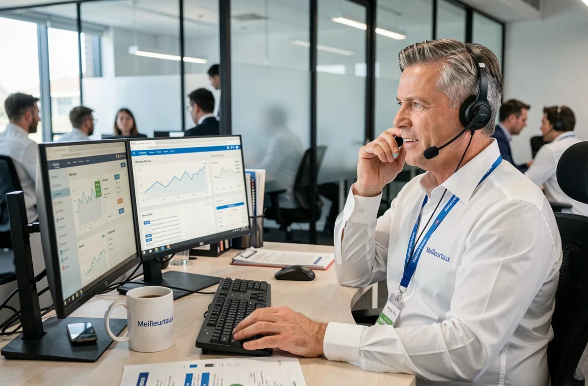 Conseiller Meilleurtaux comparant des offres de prêt immobilier sur un tableau de bord numérique en open space