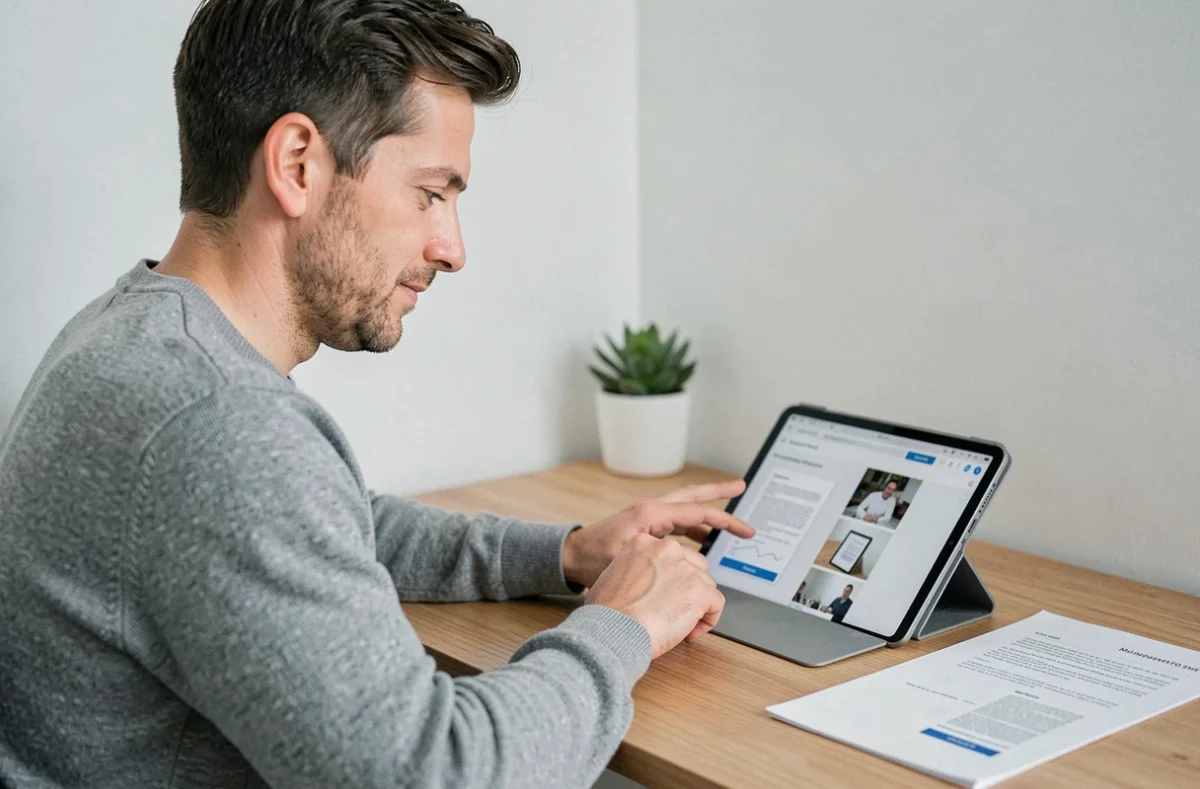 Homme organisant ses documents administratifs en ligne depuis son bureau à domicile avec une tablette