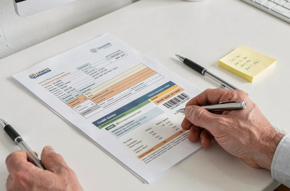 Mains organisant des documents officiels et relevés financiers pour constituer un dossier solide de rachat de crédit