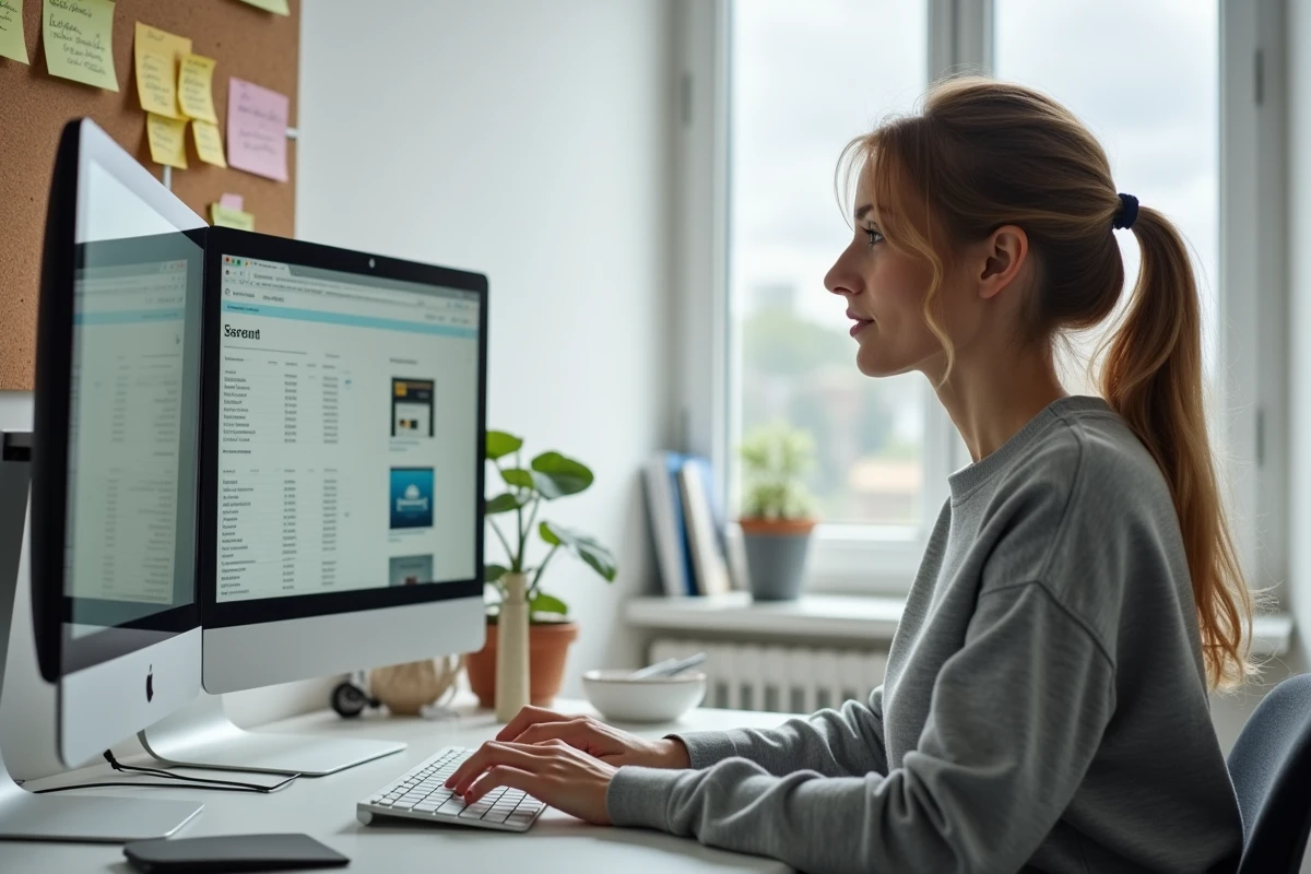 Jeune femme organisant ses finances personnelles à son bureau avec tableau de notes pour éviter les achats impulsifs liés aux remises