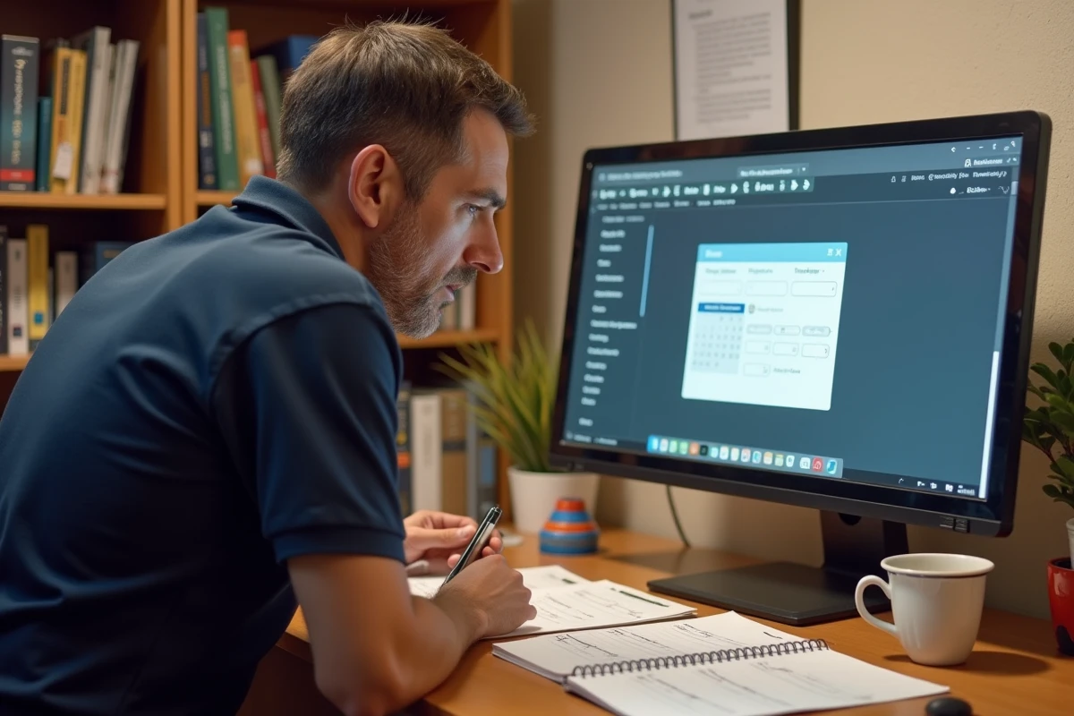 Homme consultant un outil de conversion heures centièmes sur son ordinateur de bureau à domicile avec des feuilles de temps