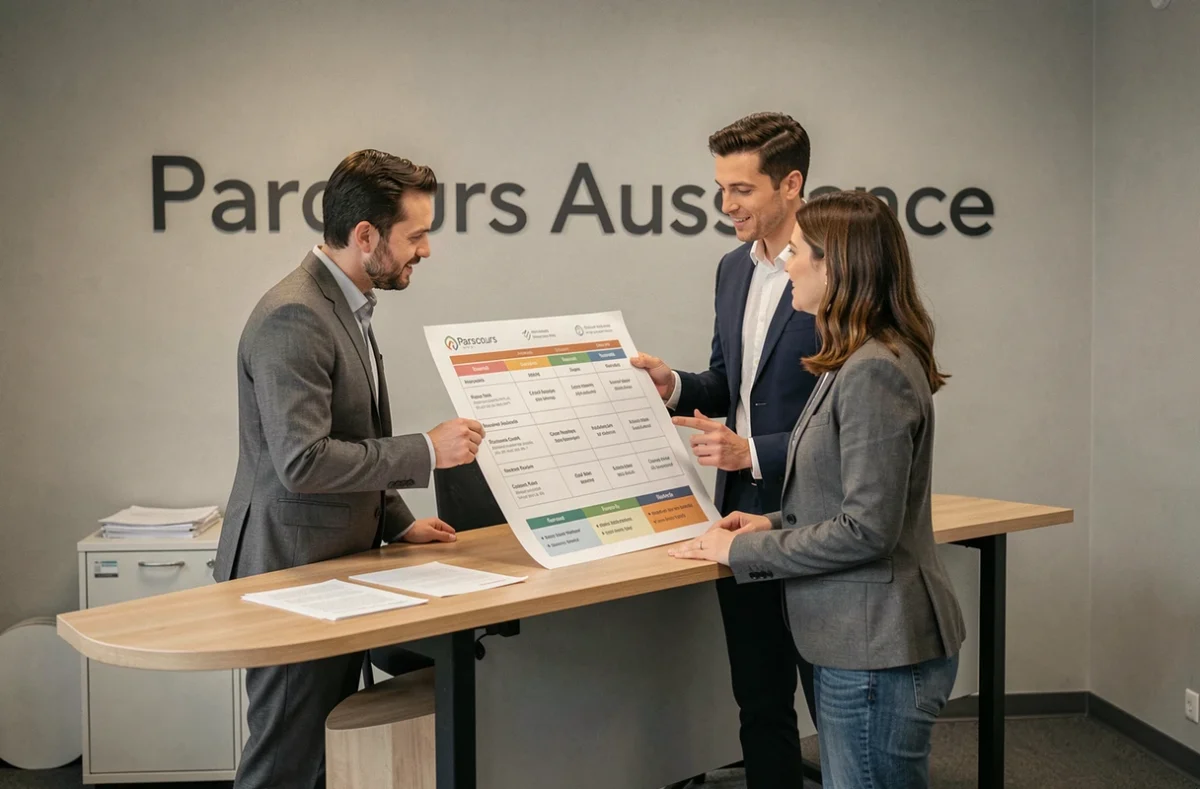 Deux conseillers de Parcours Assurance debout à un bureau collaboratif analysant un tableau comparatif d'assurances dans un bureau moderne
