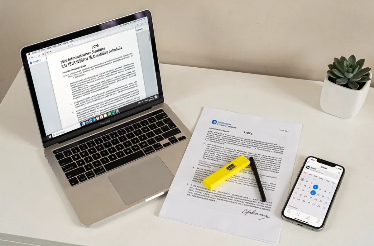 Documents PDF du calendrier invalidité 2026 affichés sur ordinateur et imprimés sur un bureau
