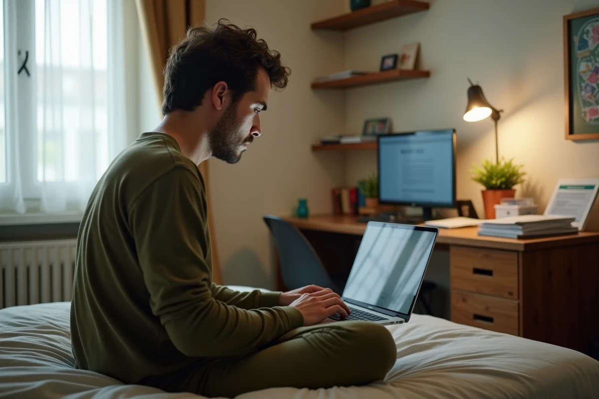 Personne seule consultant le simulateur de RSA et prime d'activité sur un ordinateur portable dans un studio
