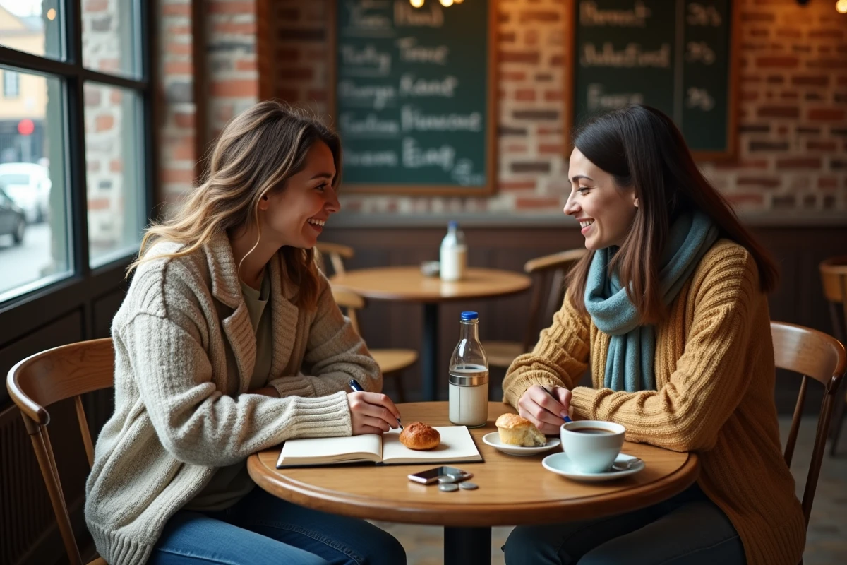 Couple de voyageurs planifiant leur budget de voyage à Dublin autour d'un café dans une brasserie irlandaise authentique