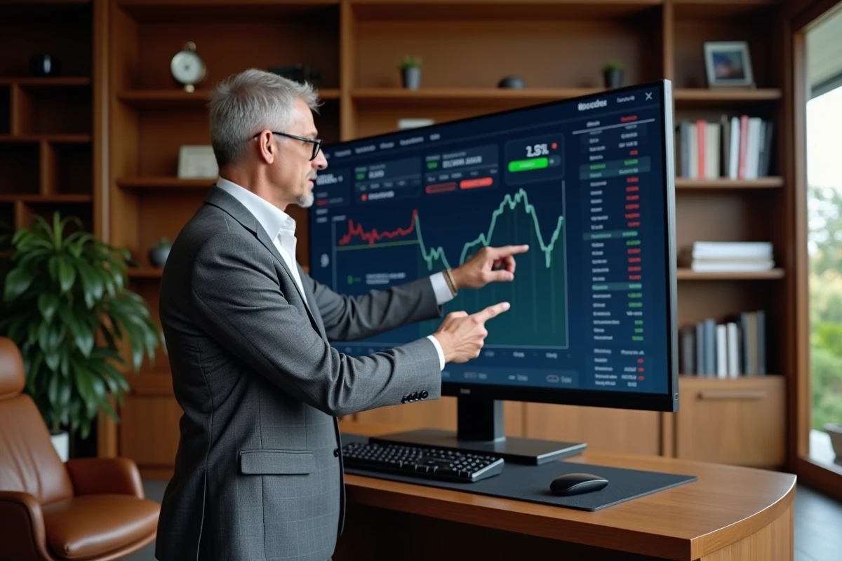 Homme d'affaires consultant en temps réel les performances de son portefeuille sur une plateforme de banque privée en ligne
