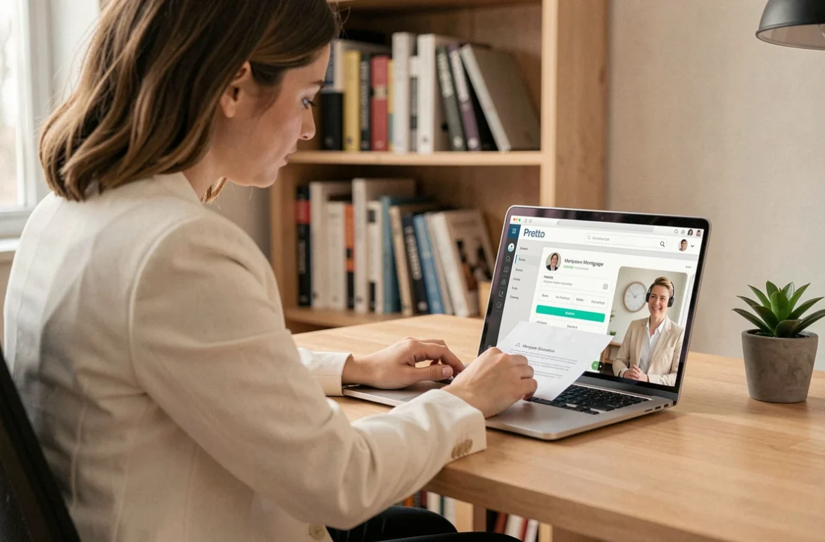 Courtière Pretto en téléconsultation depuis un bureau à domicile pour un dossier de prêt en ligne