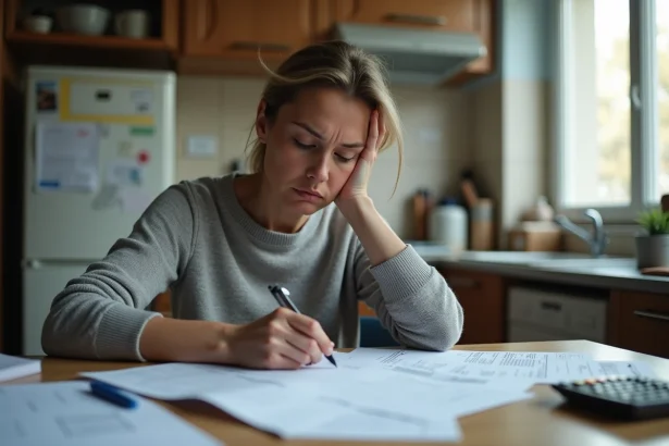 Femme à revenus modestes consultant ses documents fiscaux et sa déclaration d'impôts à la table de sa cuisine
