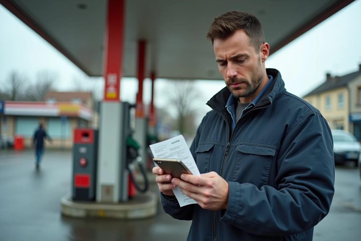 Homme aux revenus modestes regardant son téléphone près d'une pompe à carburant en France, tenant un reçu de plein d'essence