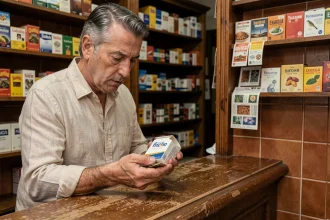 Un homme espagnol dans un estanco de Madrid tenant un paquet de cigarettes et des pièces en euros, illustrant les prix du tabac en Espagne