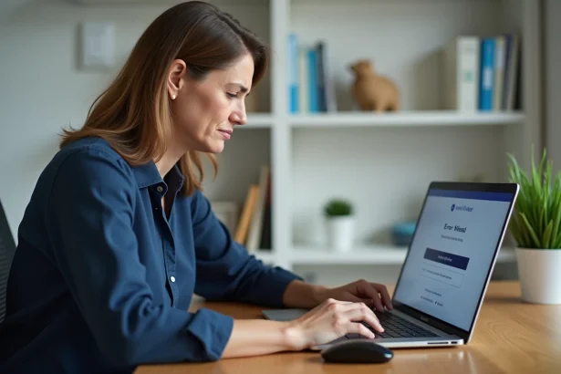 Femme d'âge moyen frustrée devant un problème de connexion sur le site de la Banque Populaire Val de France depuis son bureau à domicile