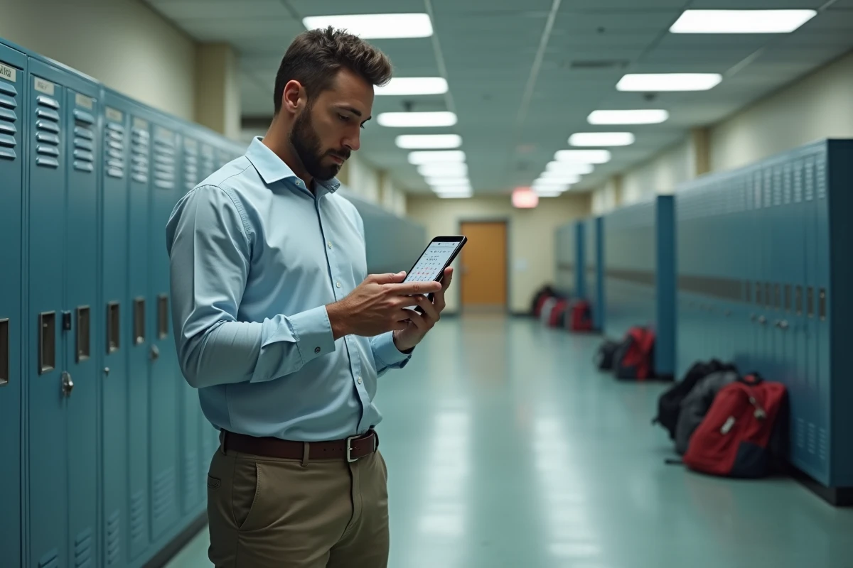 Professeur dans un couloir scolaire consultant les dates de son académie sur smartphone, jour payé 2026