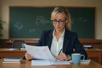 Professeure consultant le calendrier des dates de paye 2026 dans une salle de classe