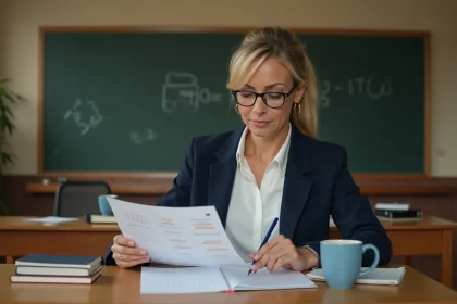 Professeure consultant le calendrier des dates de paye 2026 dans une salle de classe