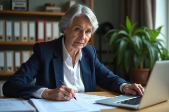 Professeure de 58 ans consultant ses fiches de salaire et un simulateur de retraite sur son bureau d'école