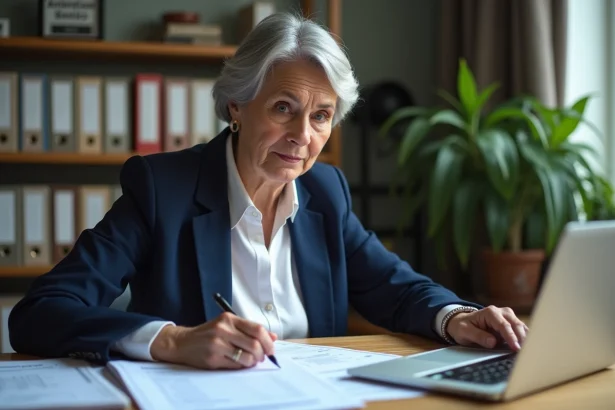 Professeure de 58 ans consultant ses fiches de salaire et un simulateur de retraite sur son bureau d'école